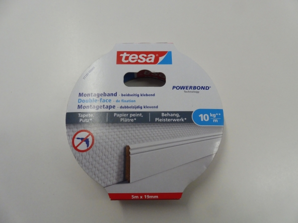 Tesa Powerbond® assembly tape for wallpaper and plaster, max. 10 kg / m, 5m x 19 mm # 77743-00000